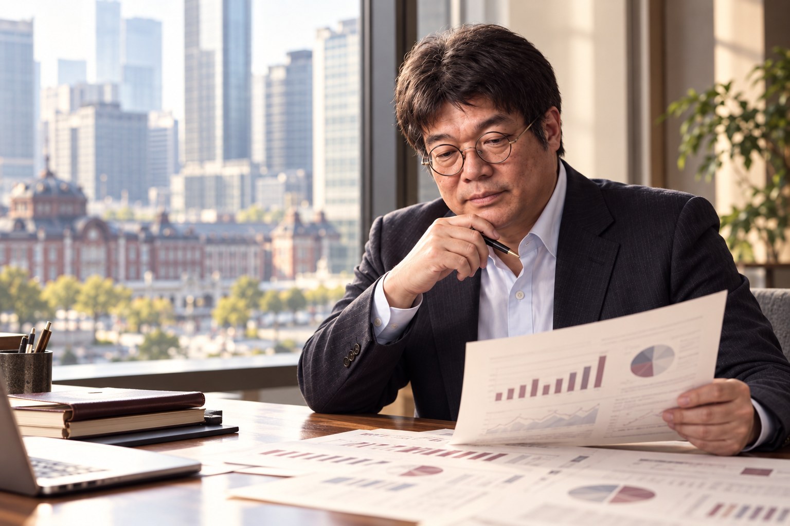 東京の街を背景に、財務資料を読み込む人物の学習イメージ